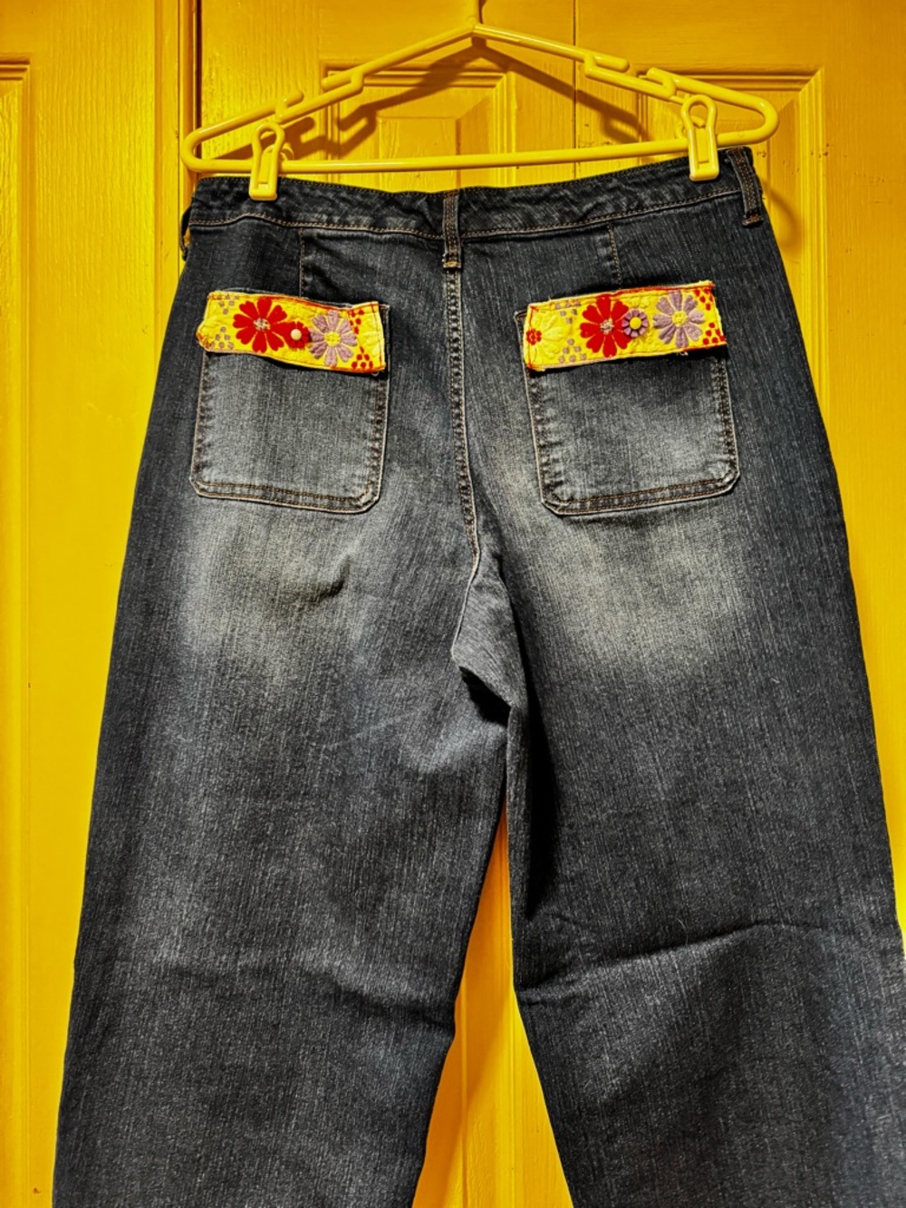 Upcycled Wide Leg Dark Blue Jeans with Embroidered Floral Cuff